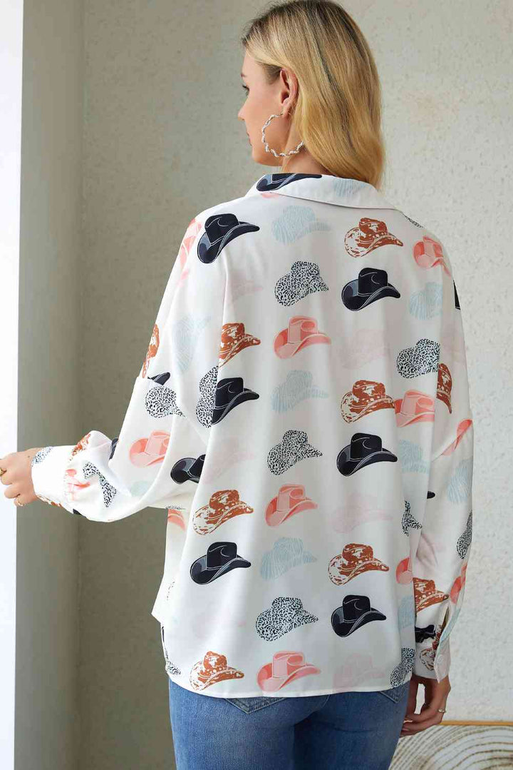 Hat Print Collared Neck Long Sleeve Shirt |1mrk.com