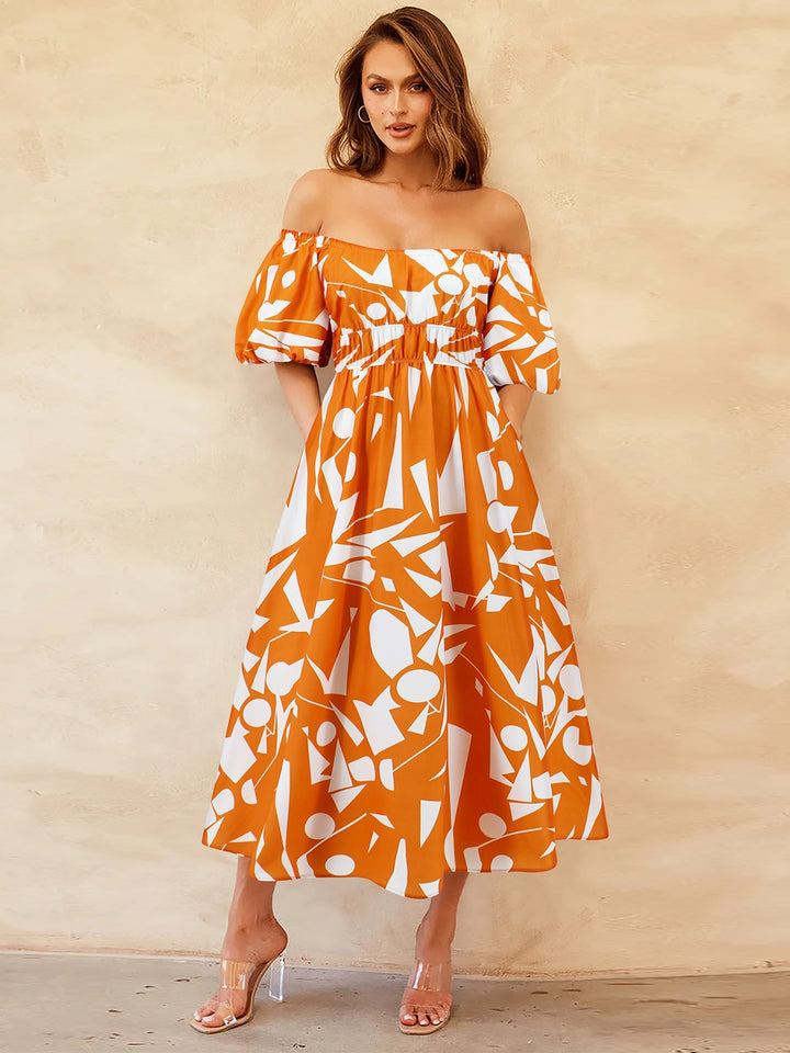 Printed Off-Shoulder Balloon Sleeve Dress | Trendsi