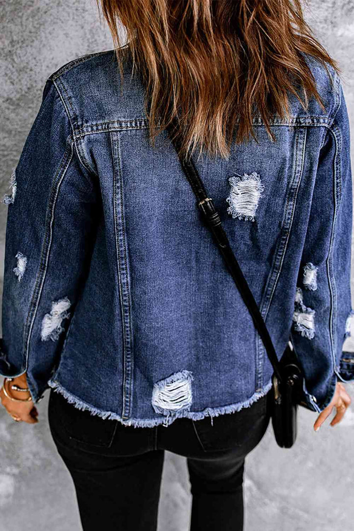 Mixed Print Distressed Button Front Denim Jacket | 1mrk.com