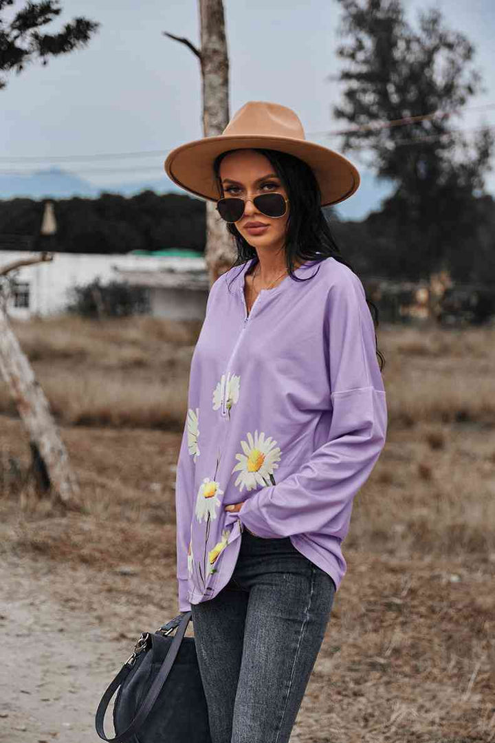 Floral Print Long Sleeve Zipper Front Sweatshirt |1mrk.com