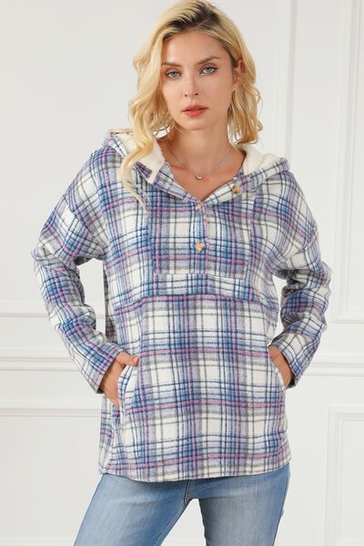 Plaid Long Sleeve Buttoned Hoodie |1mrk.com