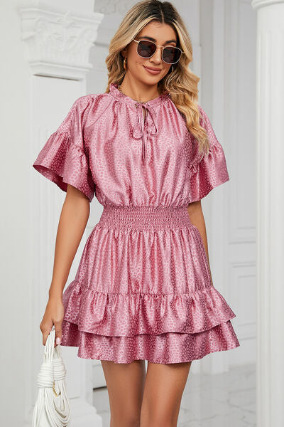 Smocked Tie Neck Flounce Sleeve Dress |1mrk.com