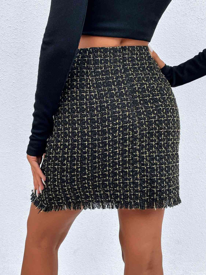 Plaid Double-Breasted Fringe Hem Skirt |1mrk.com