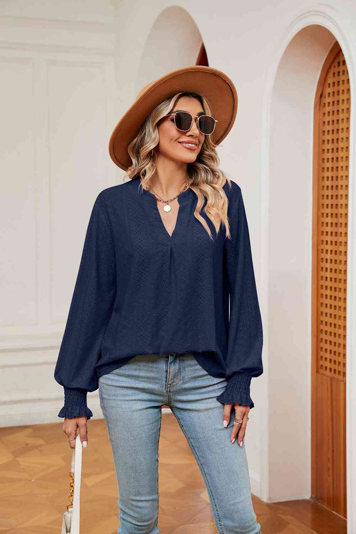 Notched Neck Flounce Sleeve Blouse | 1mrk.com