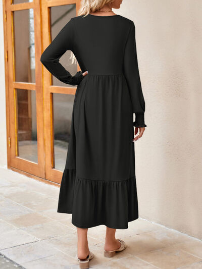 Round Neck Lantern Sleeve Ruffle Hem Dress | 1mrk.com