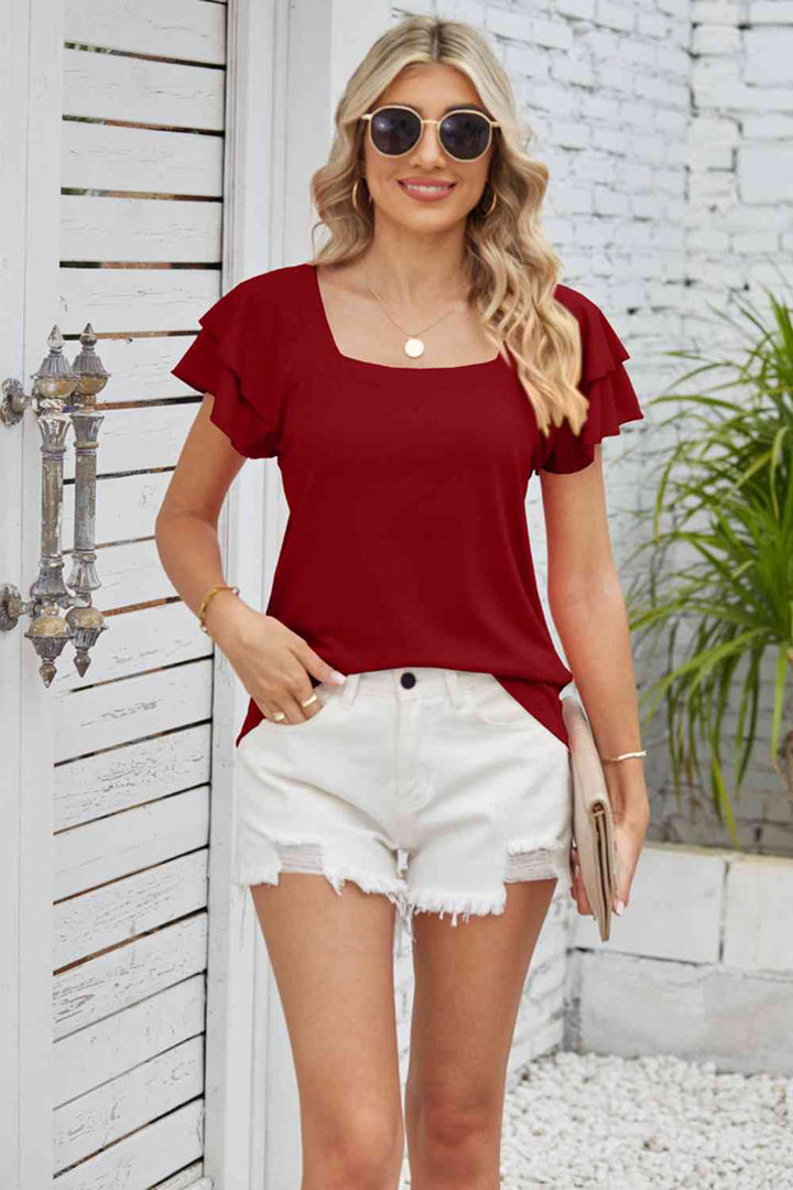 Square Neck Flutter Sleeve Top | 1mrk.com