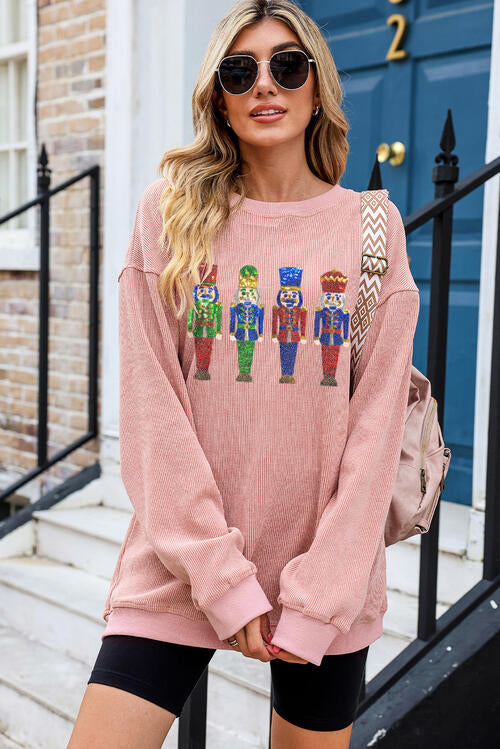 Nutcracker Sequin Round Neck Drop Shoulder Sweatshirt |1mrk.com