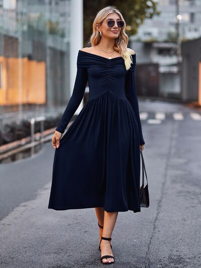 Ruched Off-Shoulder Midi Dress |1mrk.com