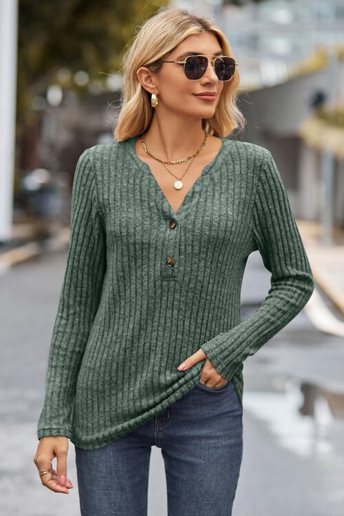 Ribbed Half Button Long Sleeve Knit Top | 1mrk.com