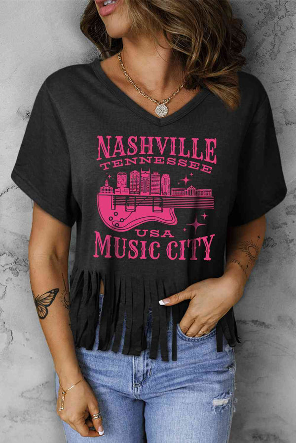 NASHVILLE TENNESSEE USA MUSIC CITY Graphic Fringe Hem Tee | 1mrk.com