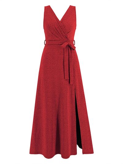 Slit Surplice Tie Waist Sleeveless Dress |1mrk.com