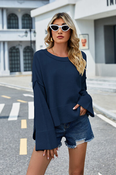 High-Low Slit Round Neck Long Sleeve Sweater | Trendsi