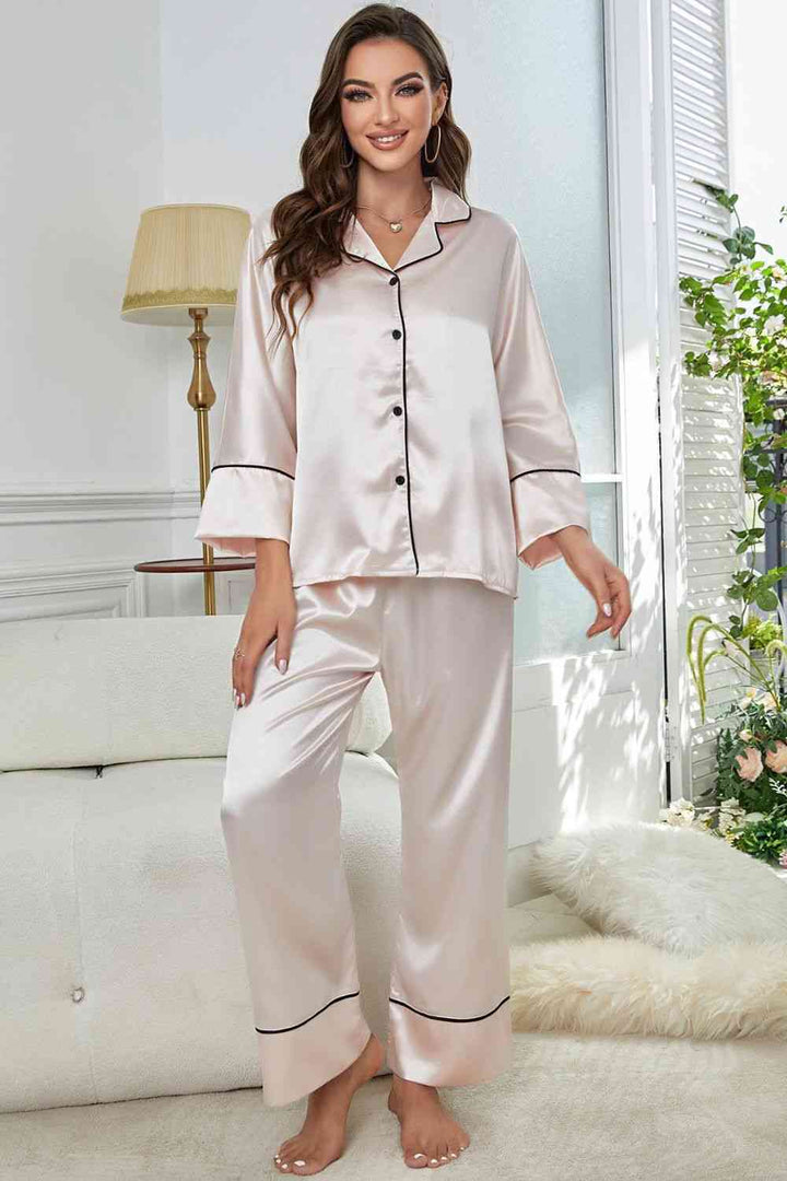 Contrast Piping Button-Up Top and Pants Pajama Set | 1mrk.com