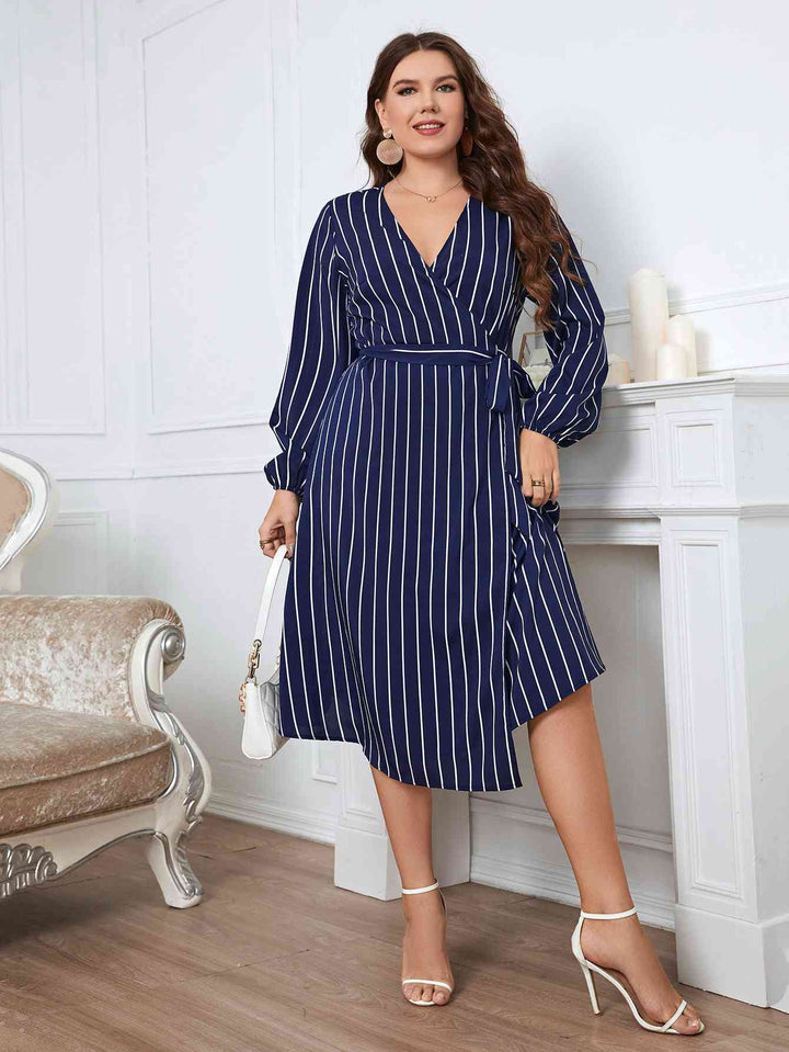 Melo Apparel Plus Size Striped Surplice Neck Long Sleeve Dress |1mrk.com