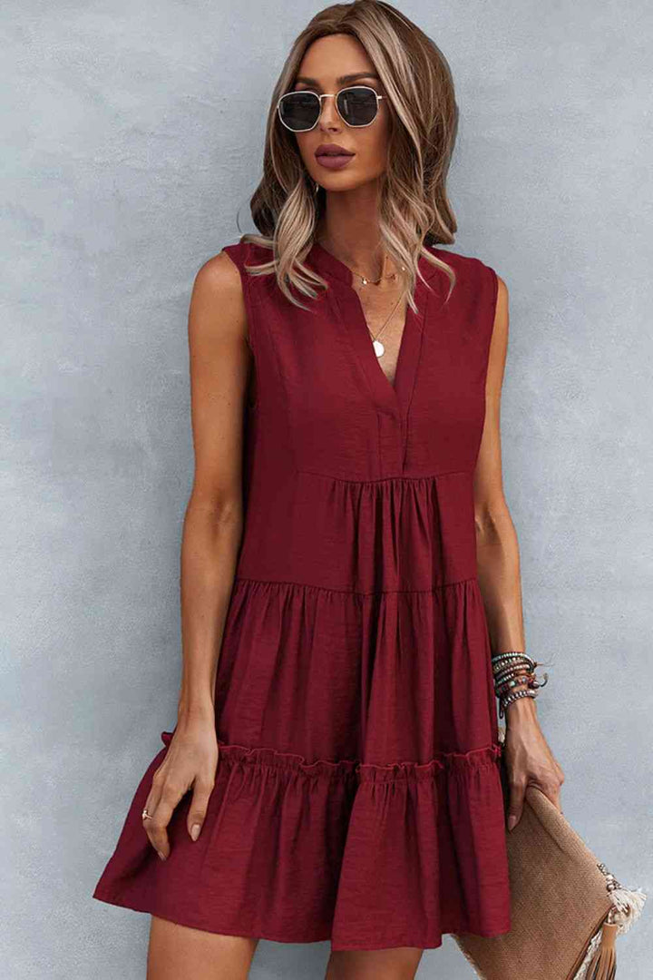 Frill Trim Notched Sleeveless Tiered Dress |1mrk.com