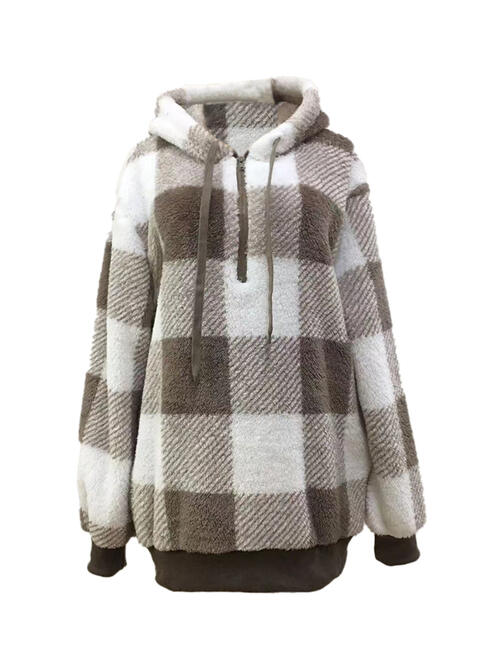 Plaid Half Zip Drawstring Hoodie | 1mrk.com