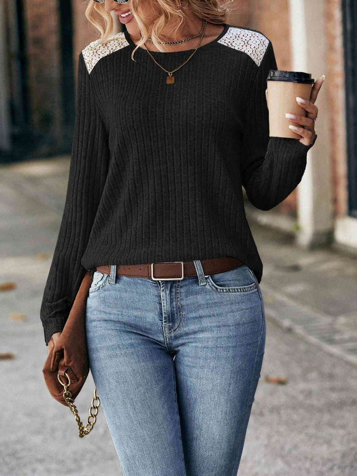 Round Neck Ribbed Long Sleeve T-Shirt | 1mrk.com