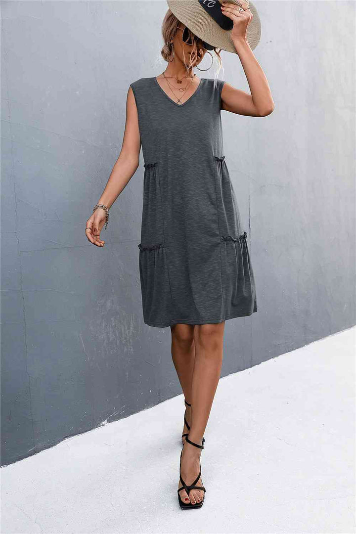 V-Neck Frill Trim Sleeveless Dress |1mrk.com