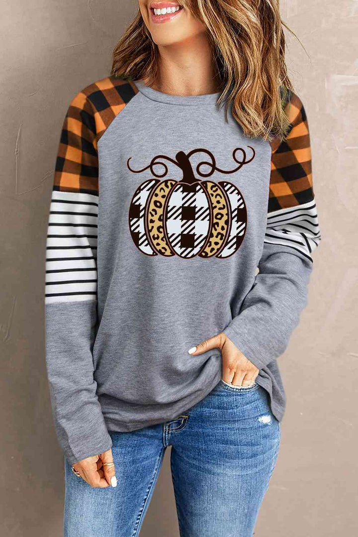 Round Neck Long Sleeve Pumpkin Graphic T-Shirt | 1mrk.com