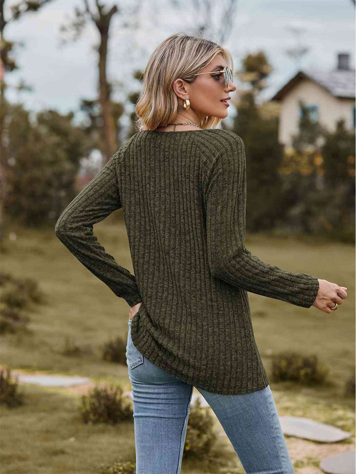 Full Size Ribbed Square Neck Long Sleeve T-Shirt | 1mrk.com