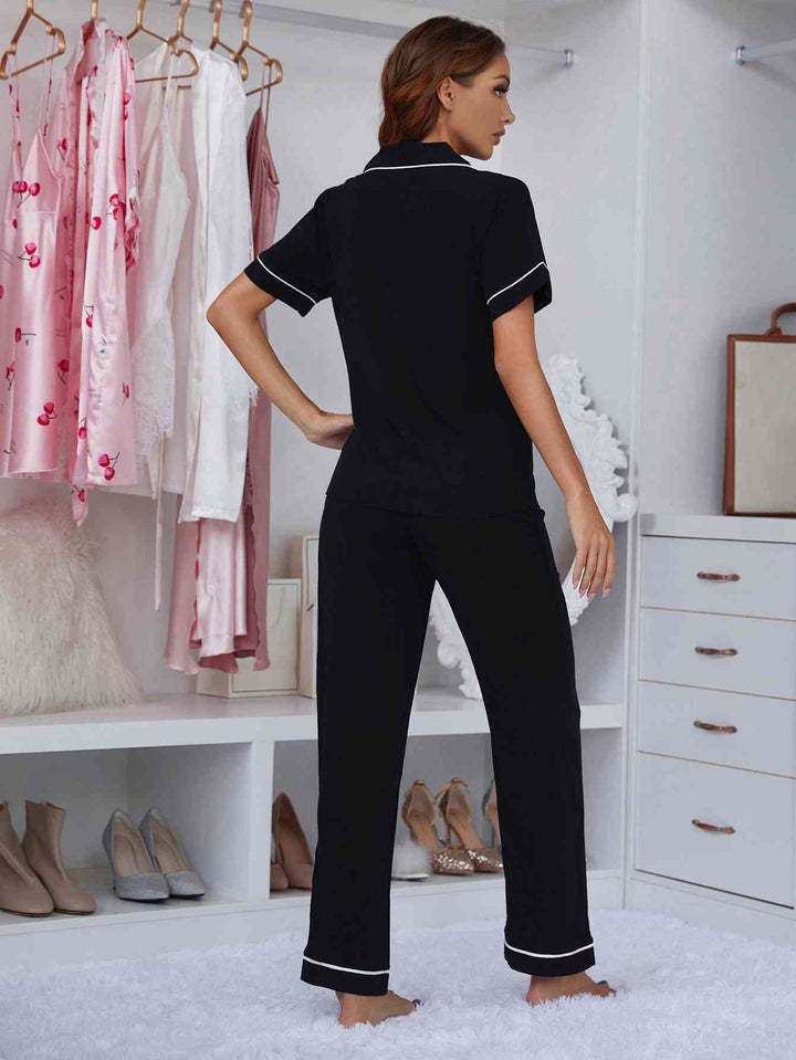 Contrast Piping Lapel Collar Short Sleeve Top and Pants Pajama Set | 1mrk.com