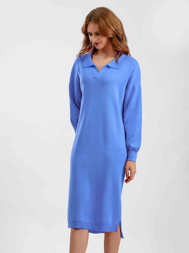 Johnny Collar Long Sleeve Slit Sweater Dress |1mrk.com