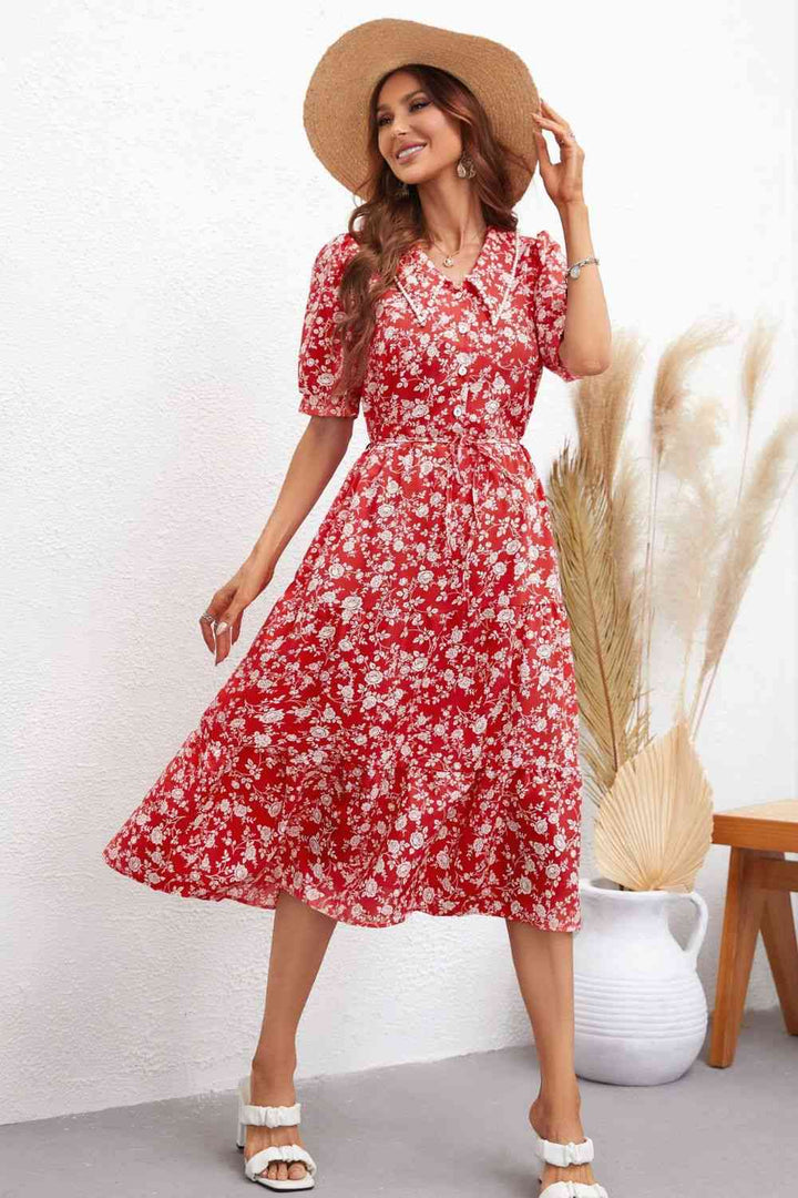 Floral Tie Waist Puff Sleeve Midi Dress |1mrk.com