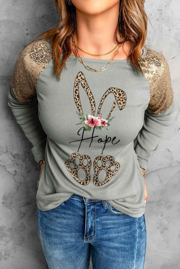 Leopard Sequin Round Neck Long Sleeve Top | 1mrk.com