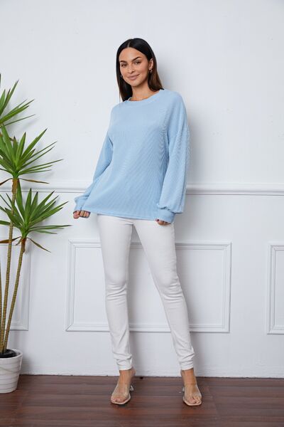 Ribbed Round Neck Long Sleeve Sweatshirt | 1mrk.com