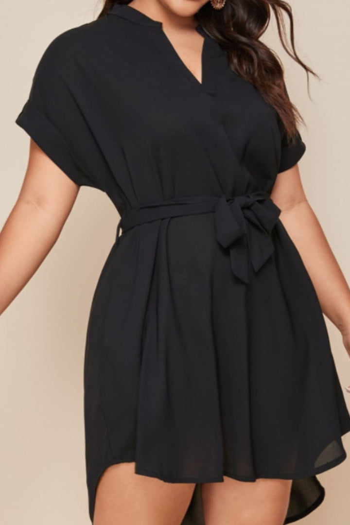 Plus Size Notched Tie Waist Mini Dress | Trendsi