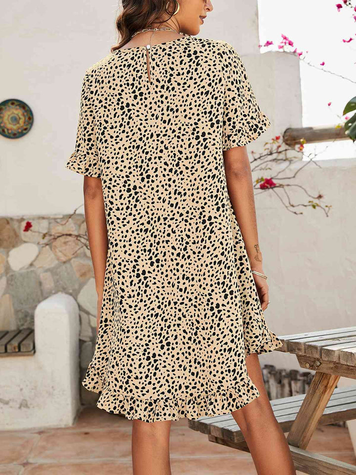 Printed Flounce Sleeve Ruffle Hem Dress |1mrk.com