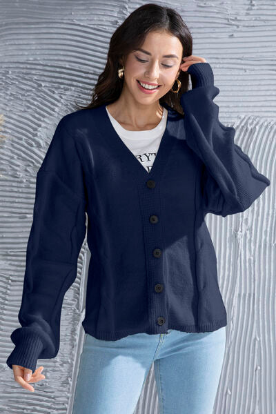 Button Up V-Neck Drop Shoulder Long Sleeve Cardigan |1mrk.com