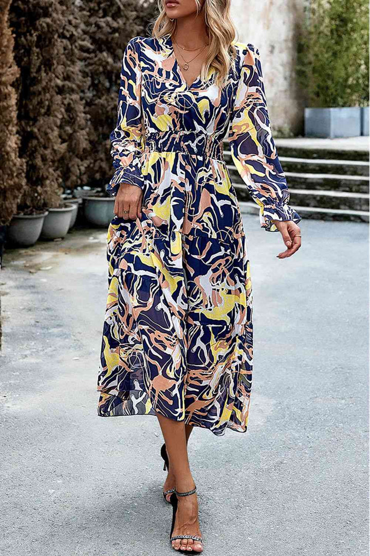 Printed Surplice Neck Flounce Sleeve Midi Dress |1mrk.com