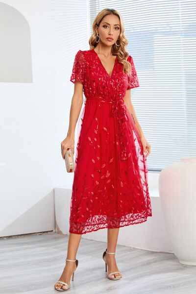 Sequin Leaf Embroidery Tie Front Short Sleeve Dress |1mrk.com