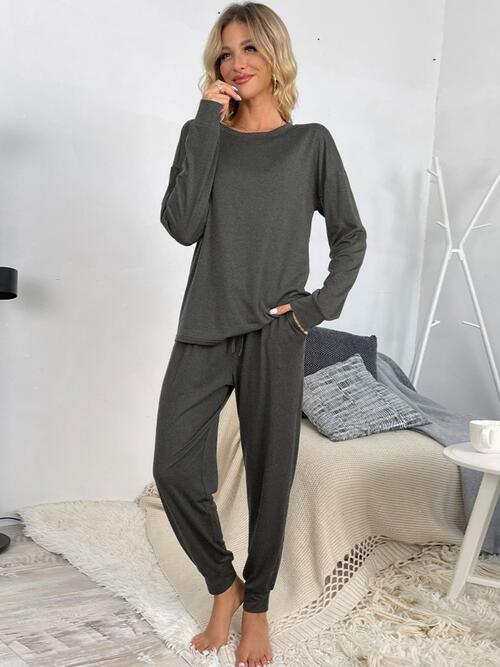 Round Neck Top and Drawstring Pants Lounge Set | 1mrk.com