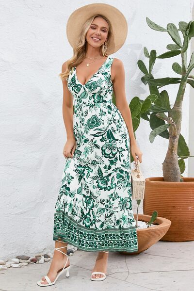 Printed V-Neck Wide Strap Dress |1mrk.com