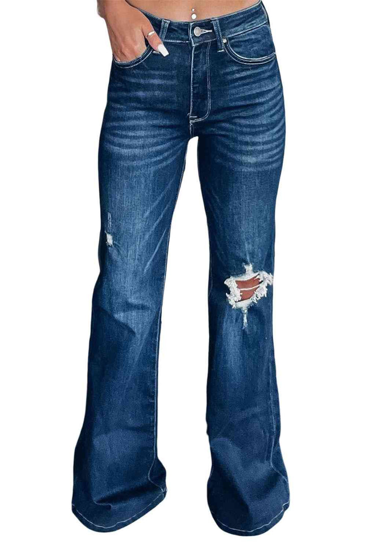Asymmetrical Open Knee Distressed Flare Jeans | 1mrk.com