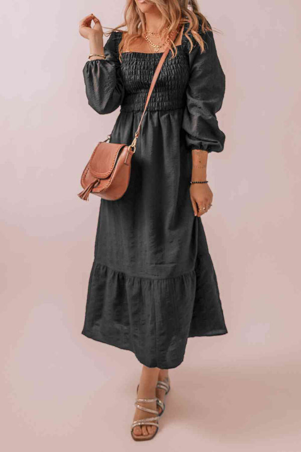 Square Neck Smocked Long Sleeve Dress |1mrk.com