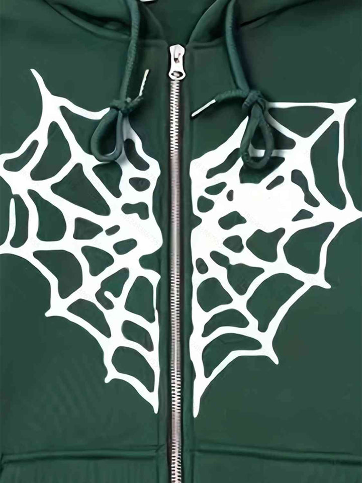 Spiderweb Graphic Drawstring Zip Up Hooded Jacket | 1mrk.com