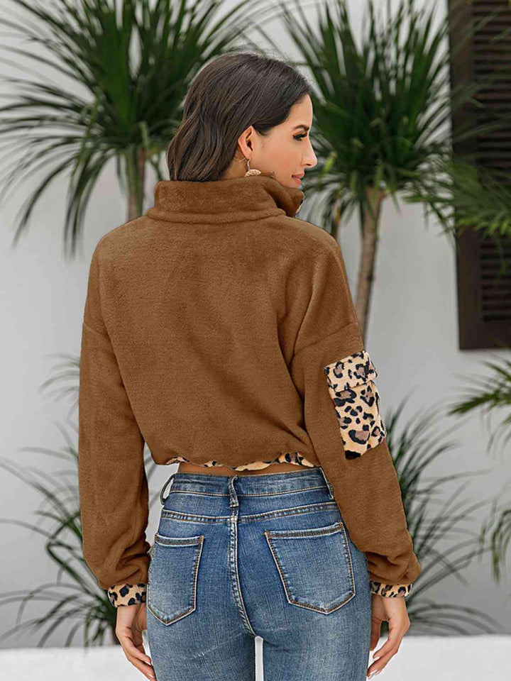 Leopard Half Zip Drawstring Cropped Sweatshirt |1mrk.com