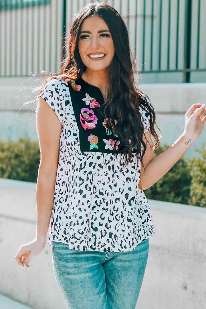 Leopard Notched Neck Short Sleeve Tee | 1mrk.com