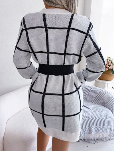 Plaid Round Neck Dropped Shoulder Sweater Dress |1mrk.com