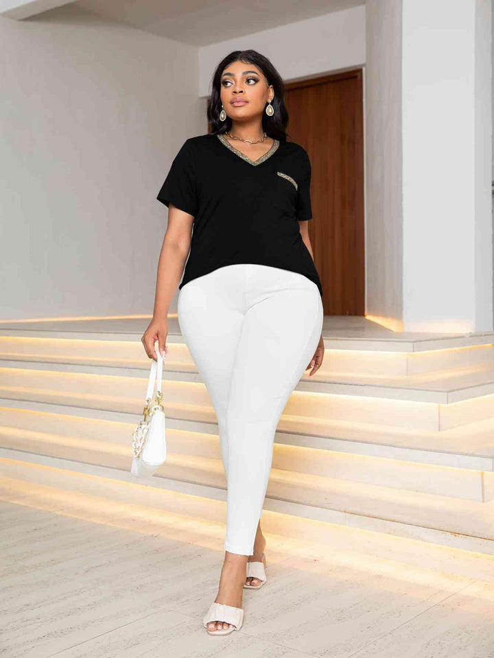 Plus Size Glitter V-Neck Short Sleeve Tee Shirt | 1mrk.com