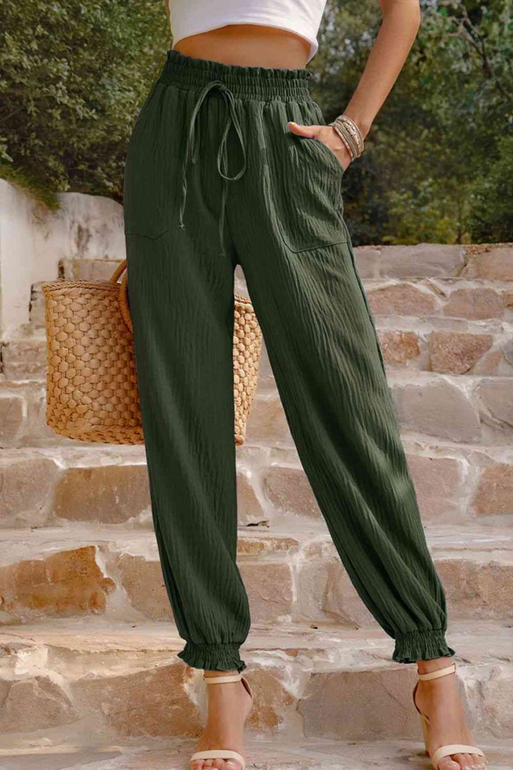 Textured Smocked Waist Pants with Pockets | 1mrk.com