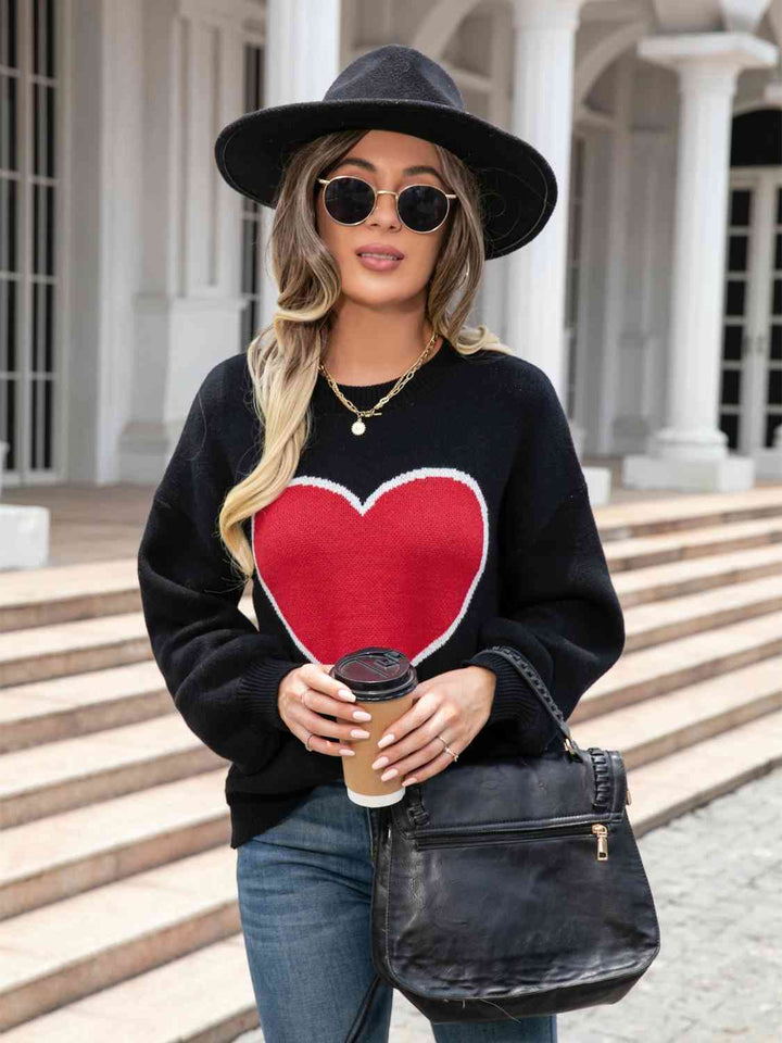 Heart Graphic Round Neck Sweater |1mrk.com