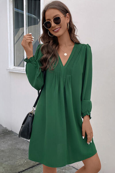 Ruched V-Neck Flounce Sleeve Dress |1mrk.com