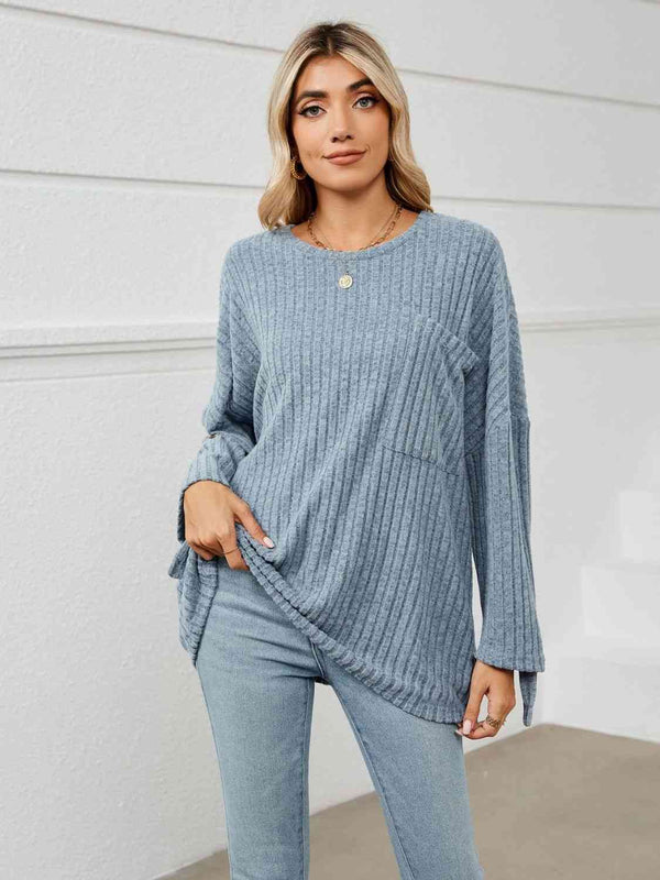 Round Neck Ribbed Long Sleeve T-Shirt | 1mrk.com