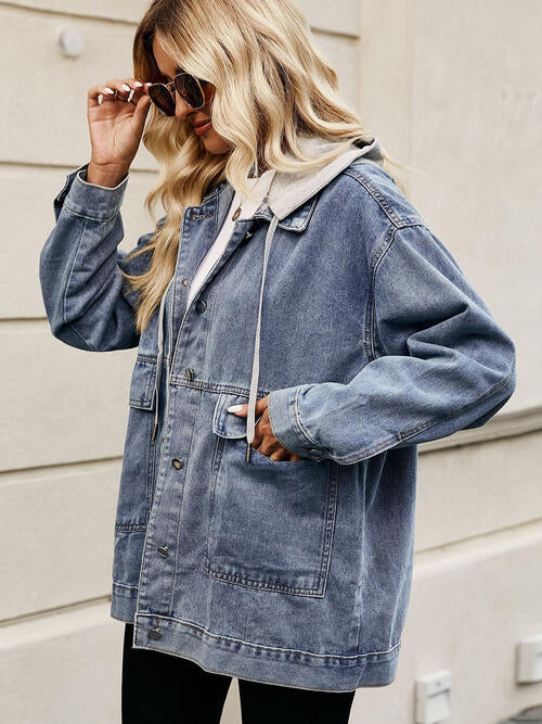 Drawstring Button Down Hooded Denim Jacket | 1mrk.com