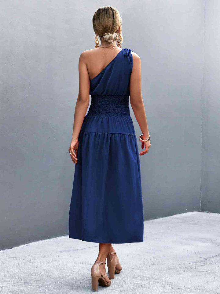 Asymmetrical One Shoulder Smocked Waist Midi Dress |1mrk.com