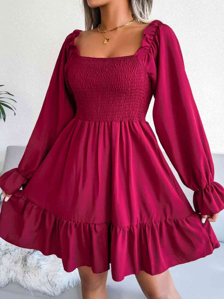 Smocked Flounce Sleeve Square Neck Dress |1mrk.com